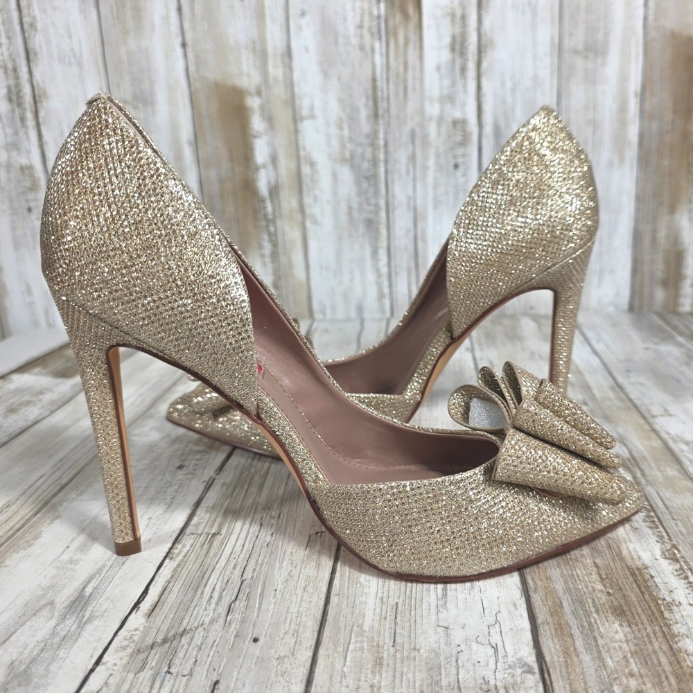 Betsey Johnson Prince Gold Glitter Bow D'Orsay Pointed Toe Stiletto Pumps 7.5